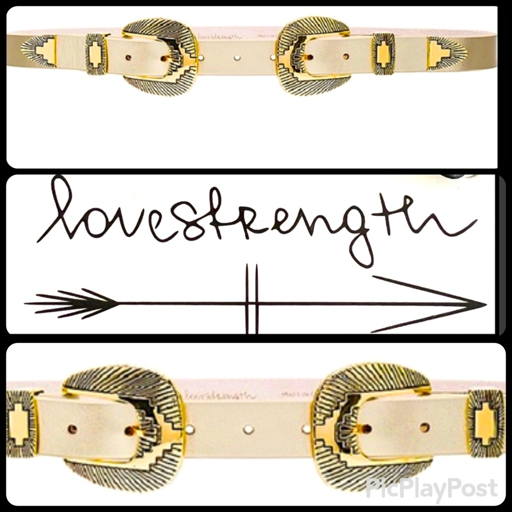 NEW Metallic Western Double Buckle GOLD LEATHER Belt Lovestrength AUTHENTIC NWOT